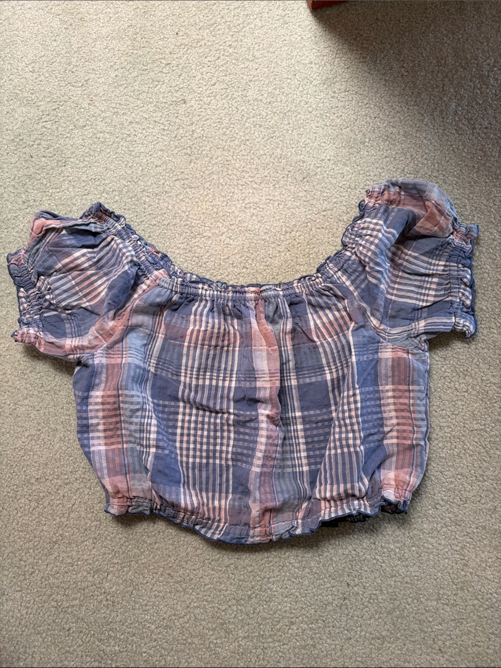 American Eagle Outfitters Pink and Blue Plaid Off-Shoulder Crop Top